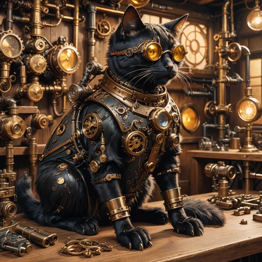 Steampunk Cat Illustration with Brass Limbs