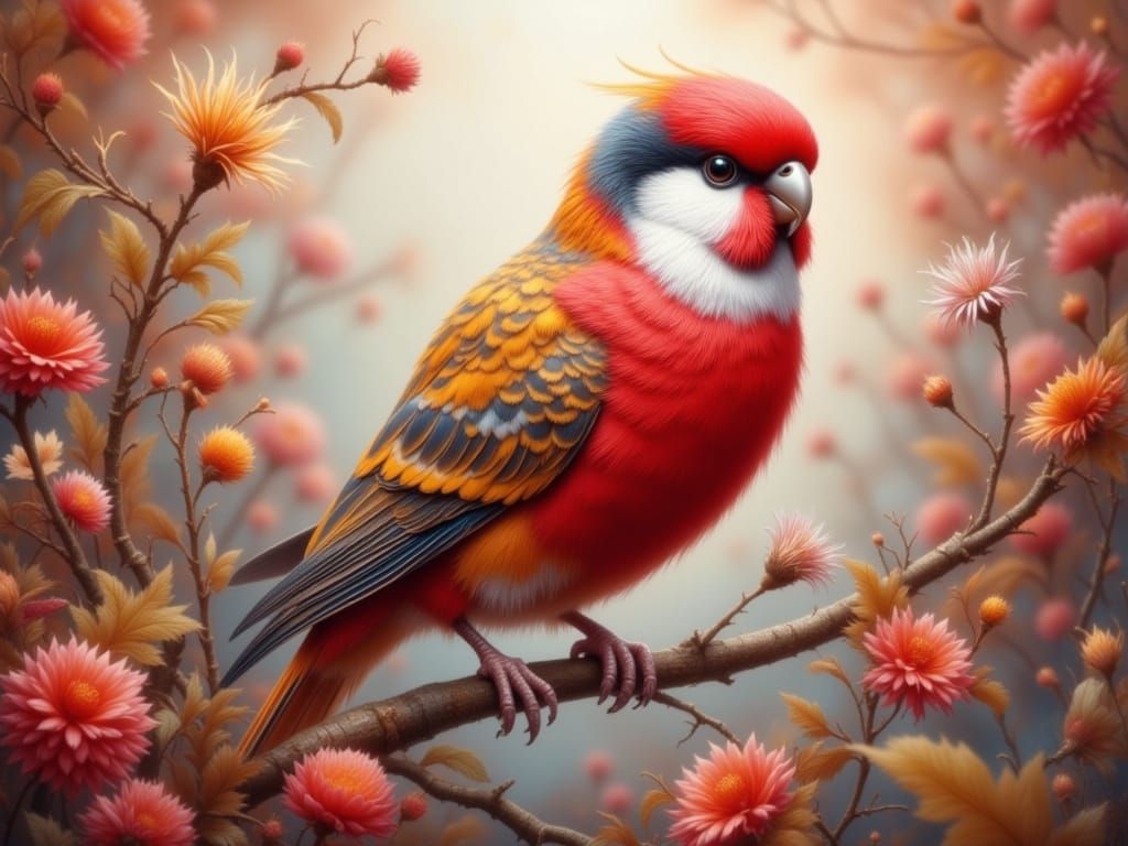 Crimson Crown Bird in Surreal Watercolor Style
