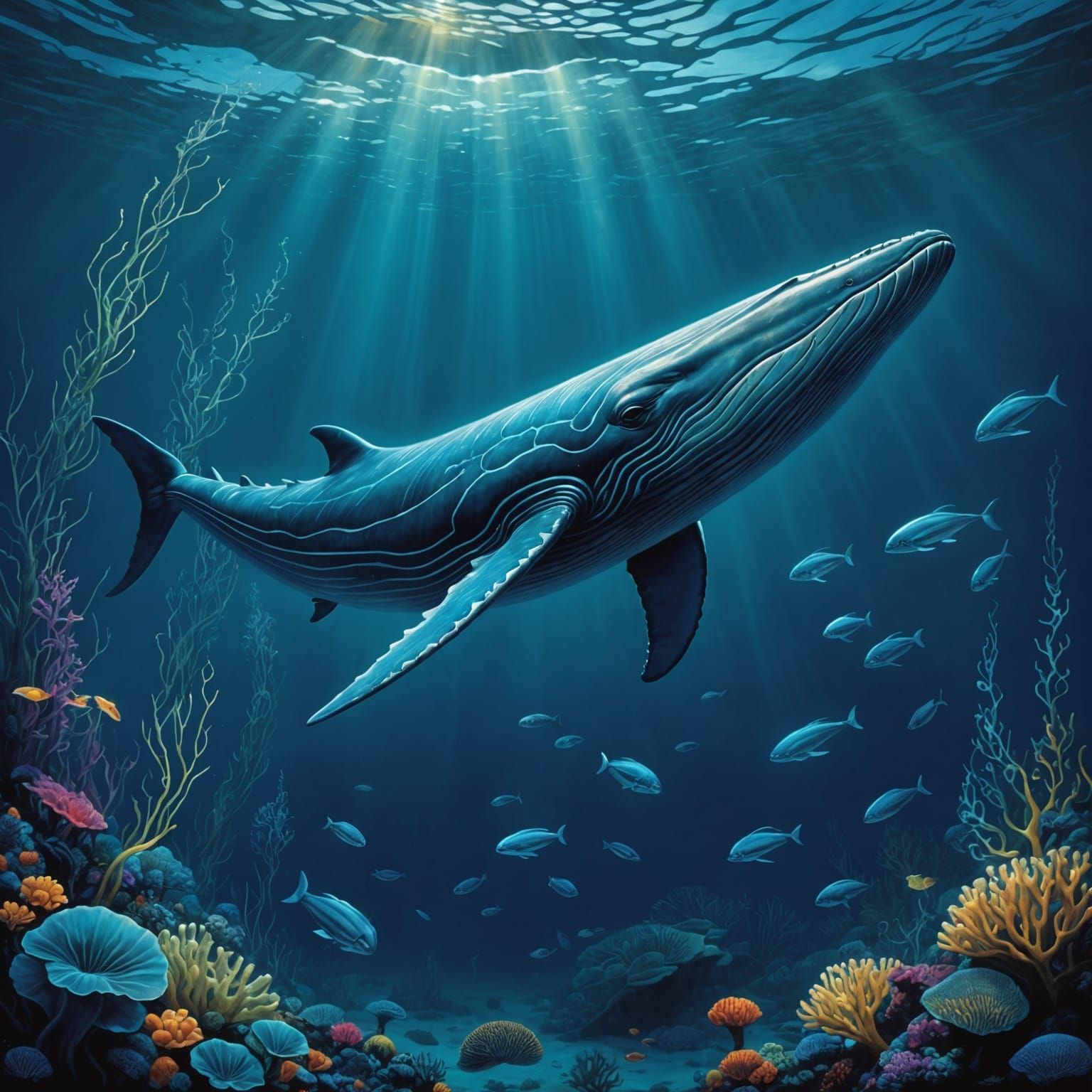Bioluminescent Blue Whale Underwater in Teal