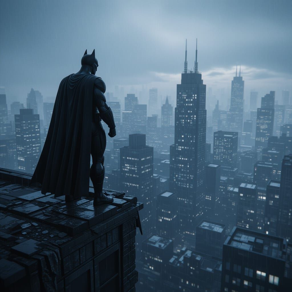 Superhero Overlooks Decaying City in Hyperrealistic Style