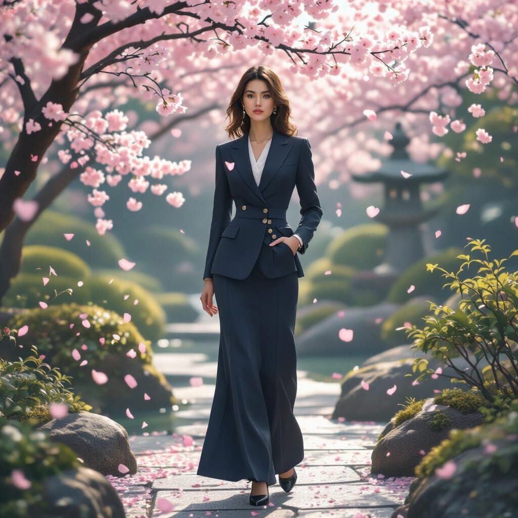 Ethereal Woman in Stylish Workwear in Japanese Garden