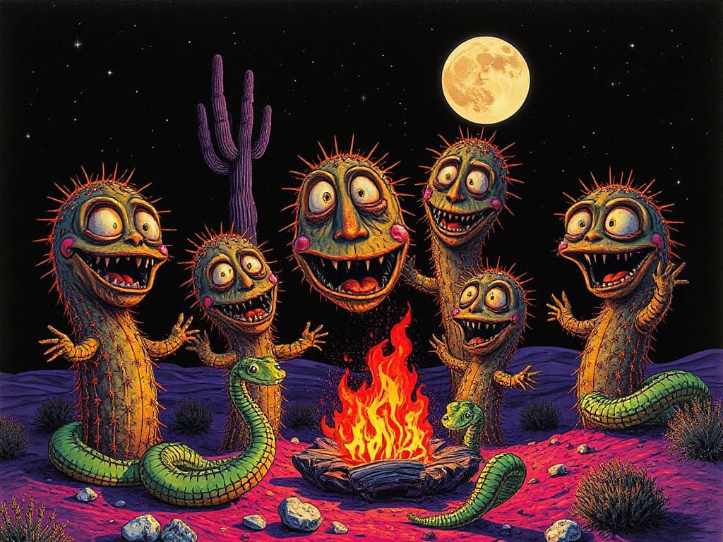 Psychedelic Desert Cacti Hugs Under Starry Night Sky