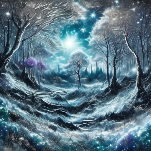 Fantasy Winter Landscape with Celestial Glitter
