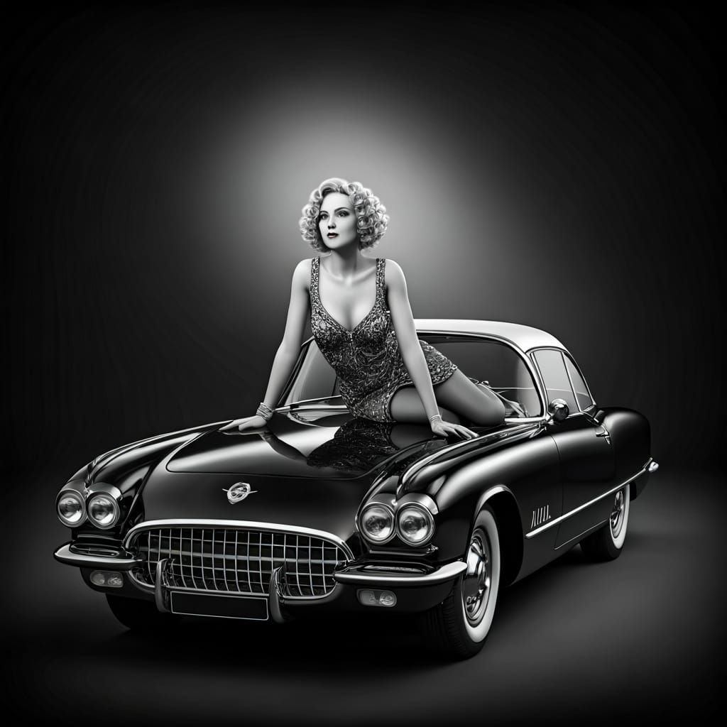 Retrofuturistic Car and Platinum Blonde Model in Black and W...