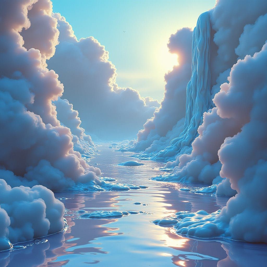 Ethereal Cloud Waterfall in Futuristic Landscape