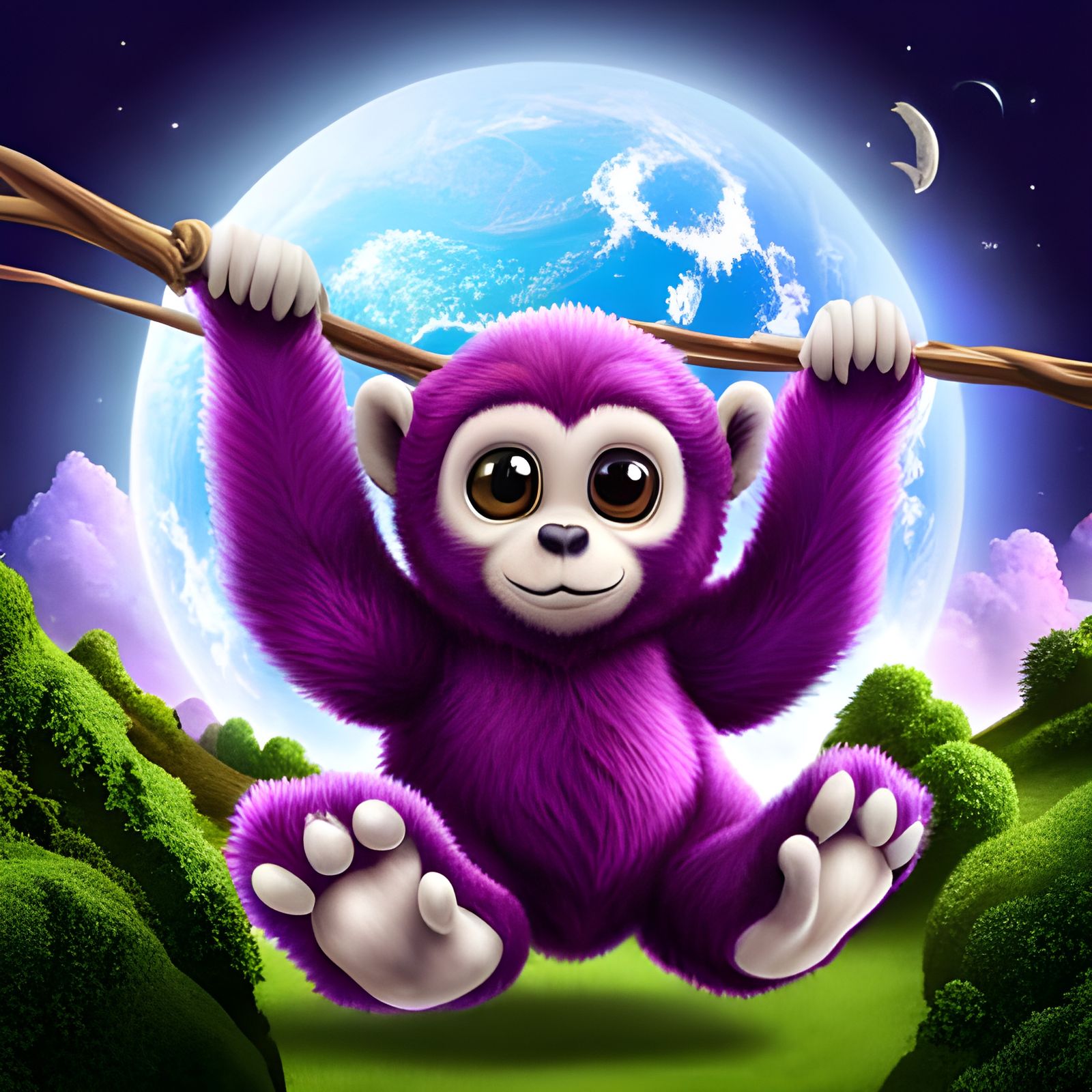 Purple Plush Gibbon swinging to the Moon and back