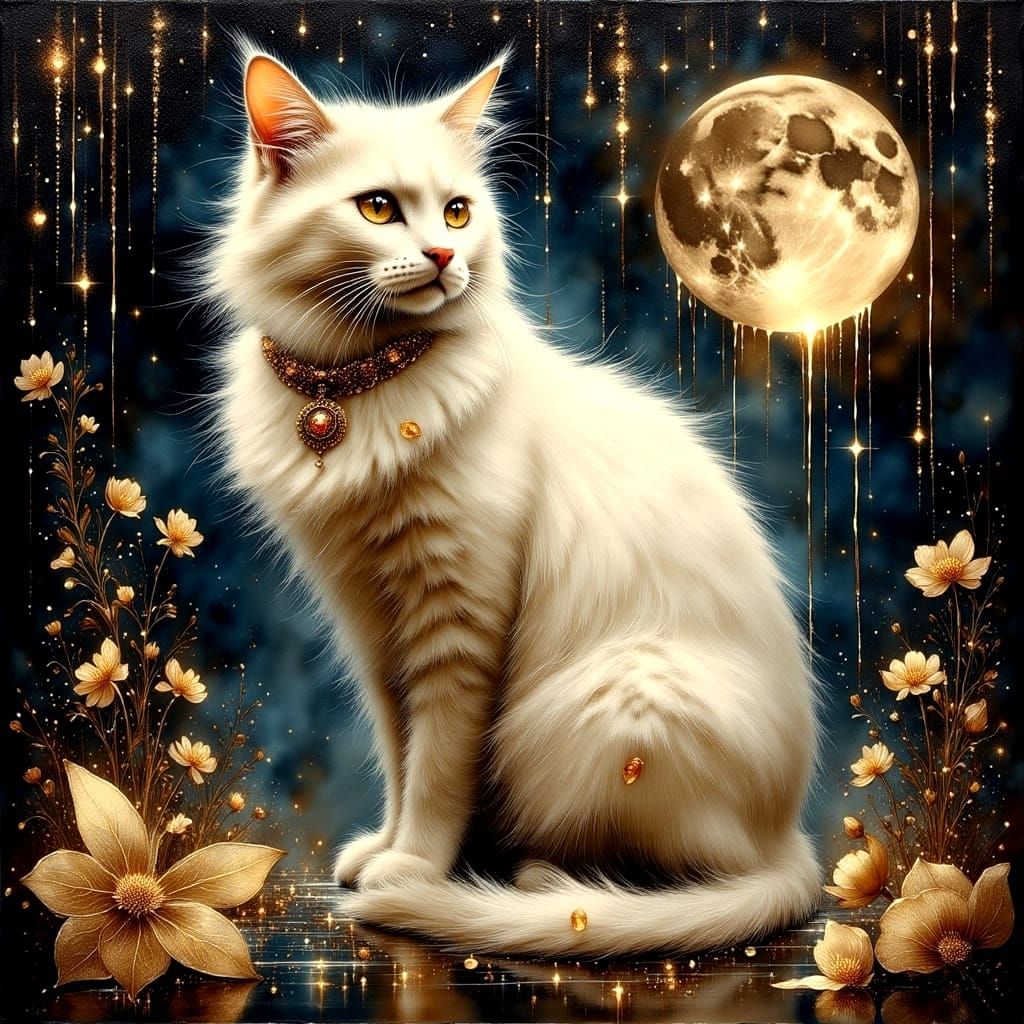 Opulent White Cat Portrait Under Crescent Moon