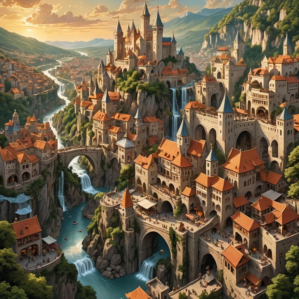 Fantasy Metropolis on Forested Mountain at Sunset