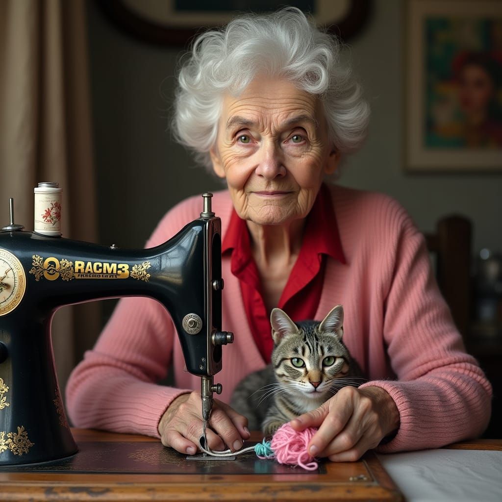 Hyper-Realistic Portrait of Elderly Woman at Sewing Machine