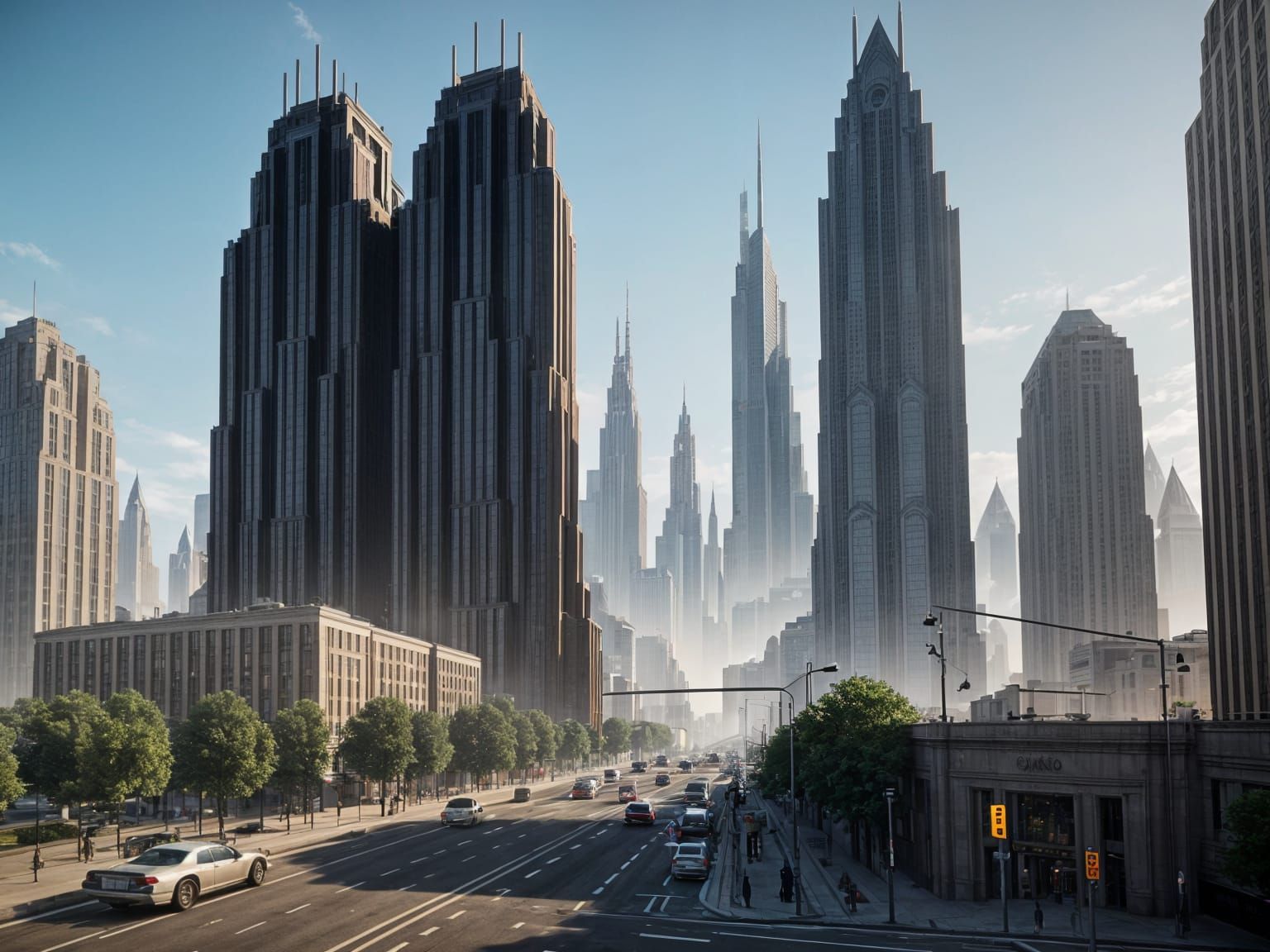 Retro-Futuristic Cityscape in Art Deco Style