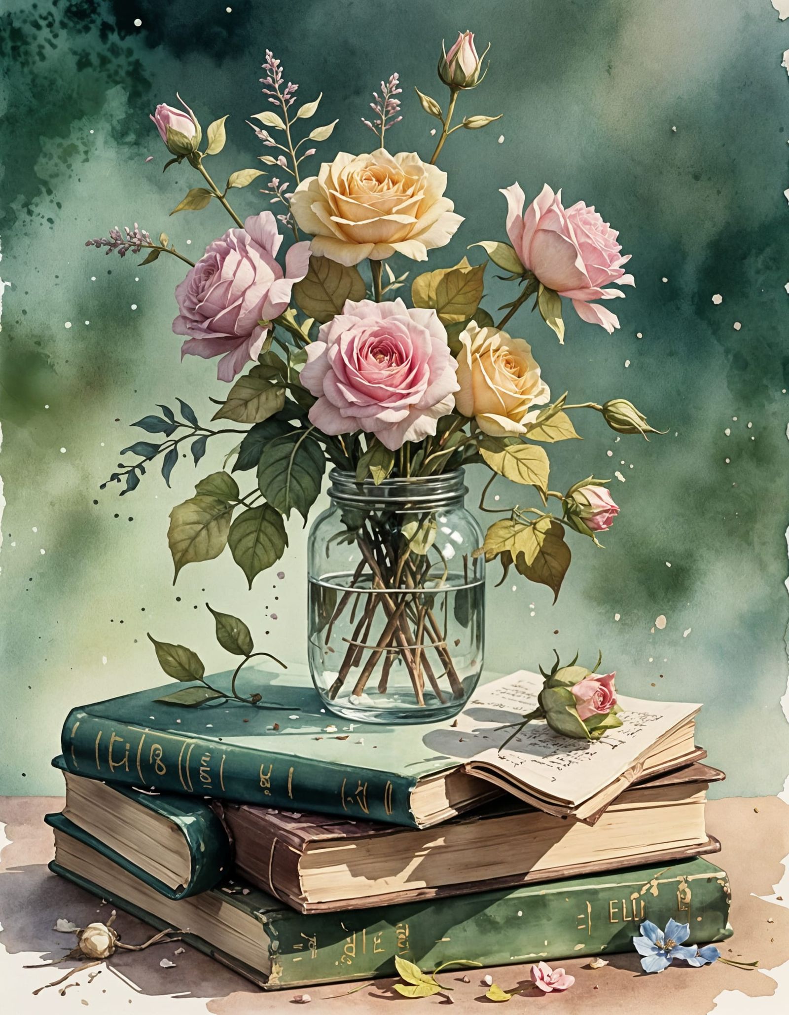 Vintage Watercolor Still Life with Books and Flowers
