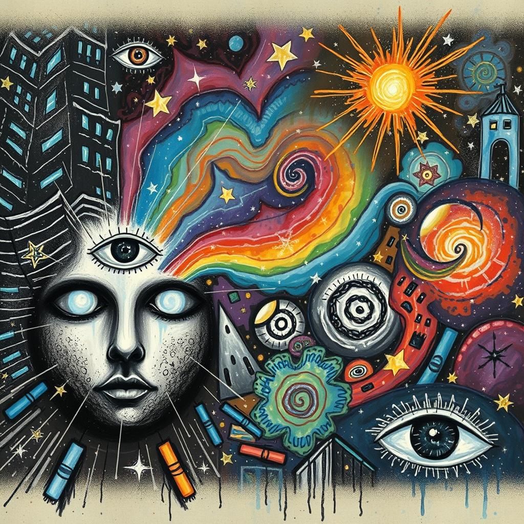 Cosmic City Dreamscape in Crayon Style