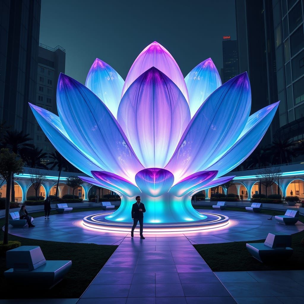 Ethereal Lotus Bloom in Futuristic City Oasis