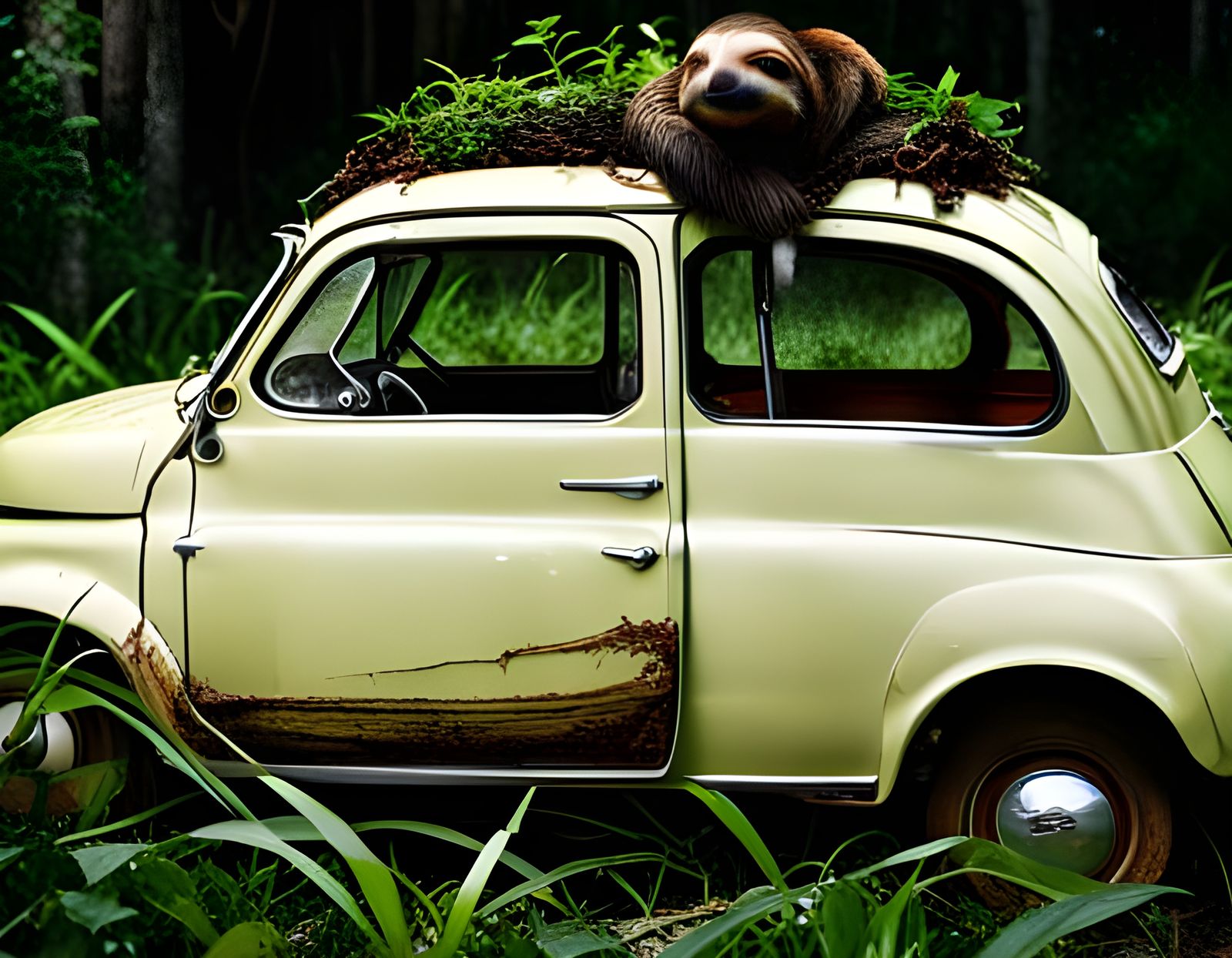 Sleeping Sloth on Overgrown Fiat 500, Detailed CGI