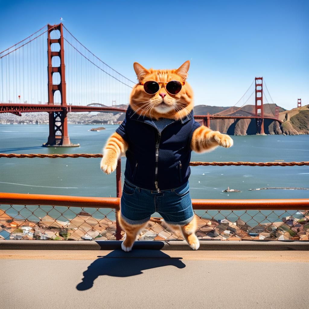 Orange Cat with Sunglasses at Golden Gate Bridge