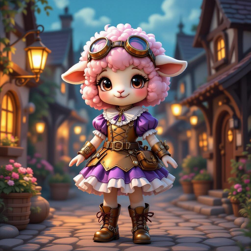 Steampunk Sheep Girl in Whimsical Village