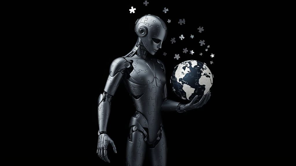 Titanium Jigsaw Humanoid with Globe in Minimalist Style