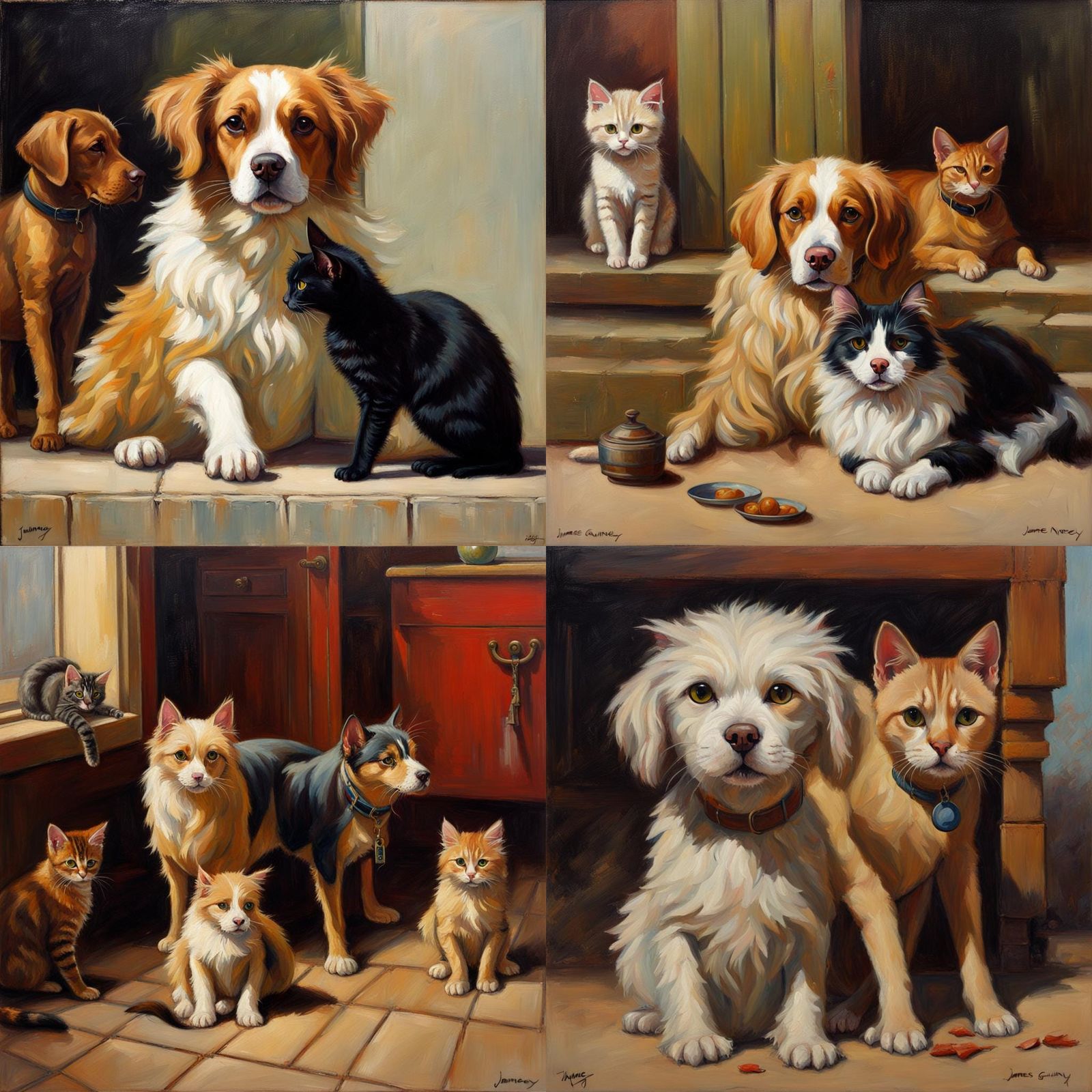 Cats and Dogs in Oil Painting Style