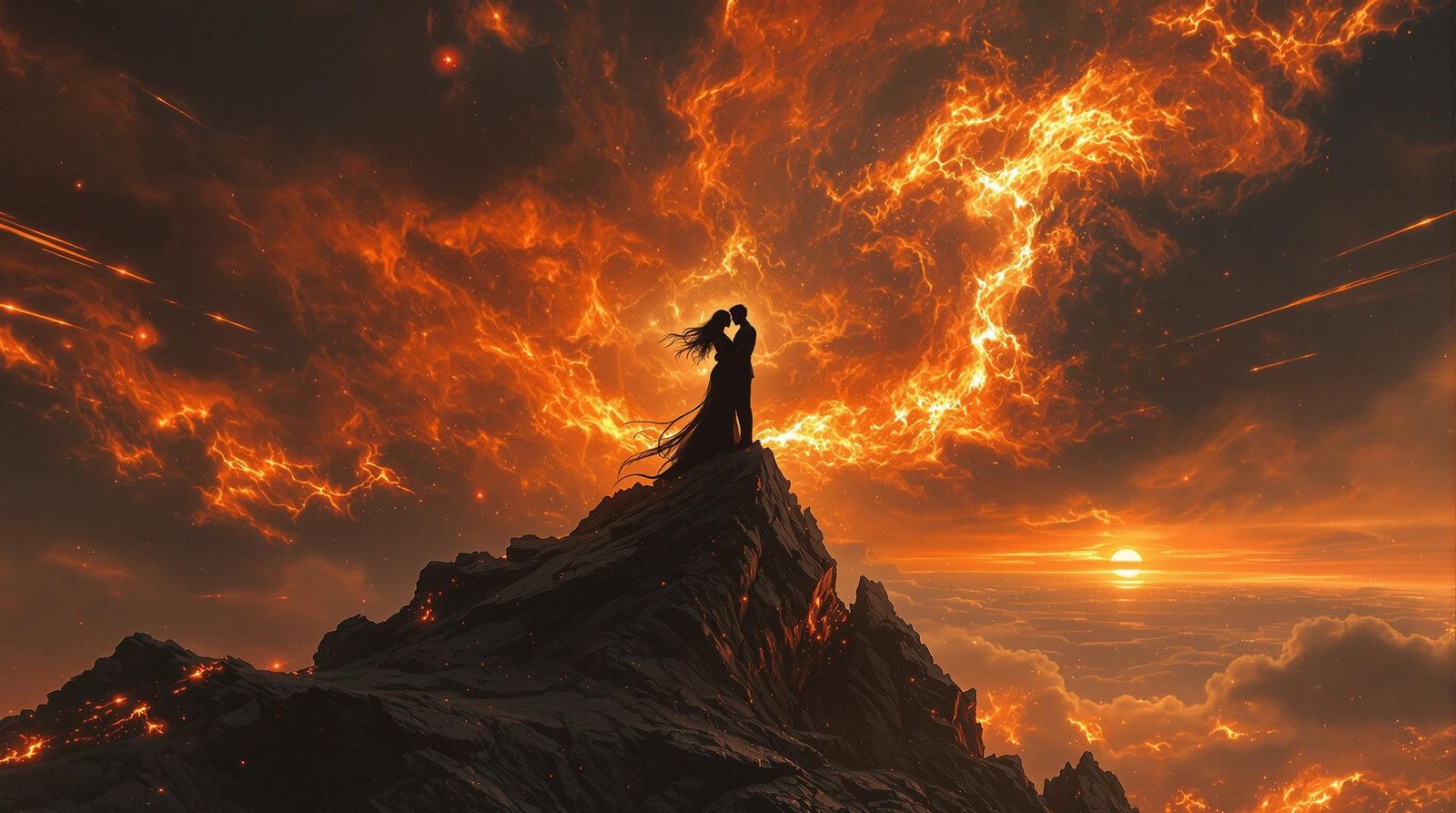 Lovers Embrace Under Cataclysmic Sky in Cinematic Style