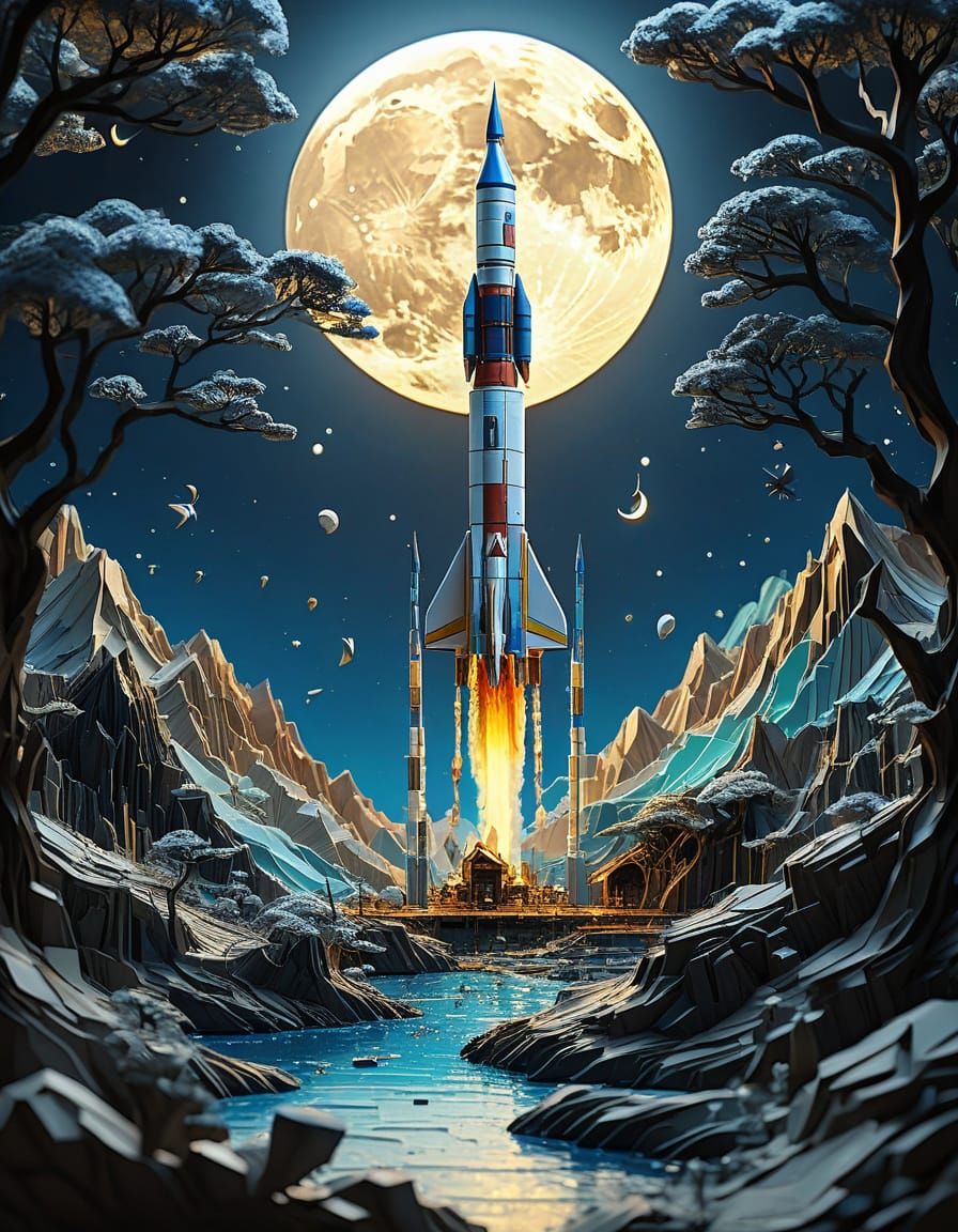 Origami Rocket Soars to Moon in HDR