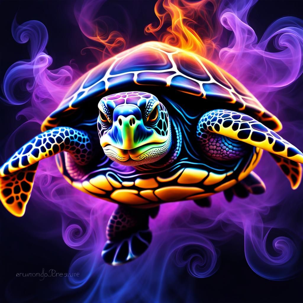 Mystical Turtle with Purple Smoke and Fire
