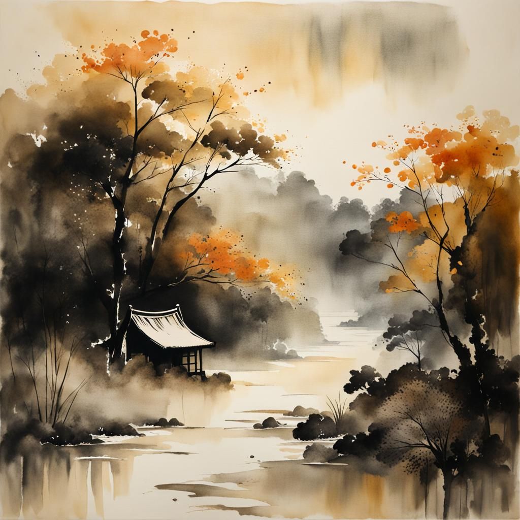 Muted Chinese Ink Landscape Painting