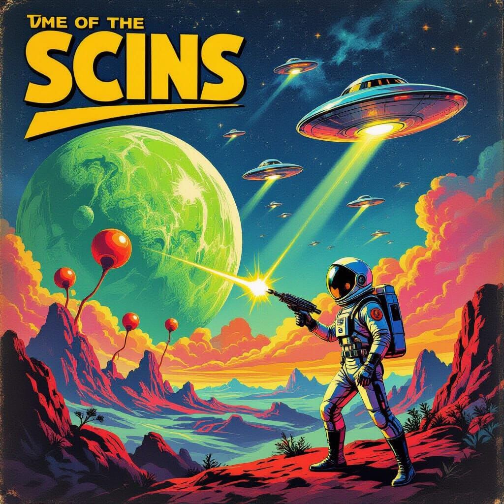 Retro Sci-Fi Pulp Art: Alien World with Flying Saucers