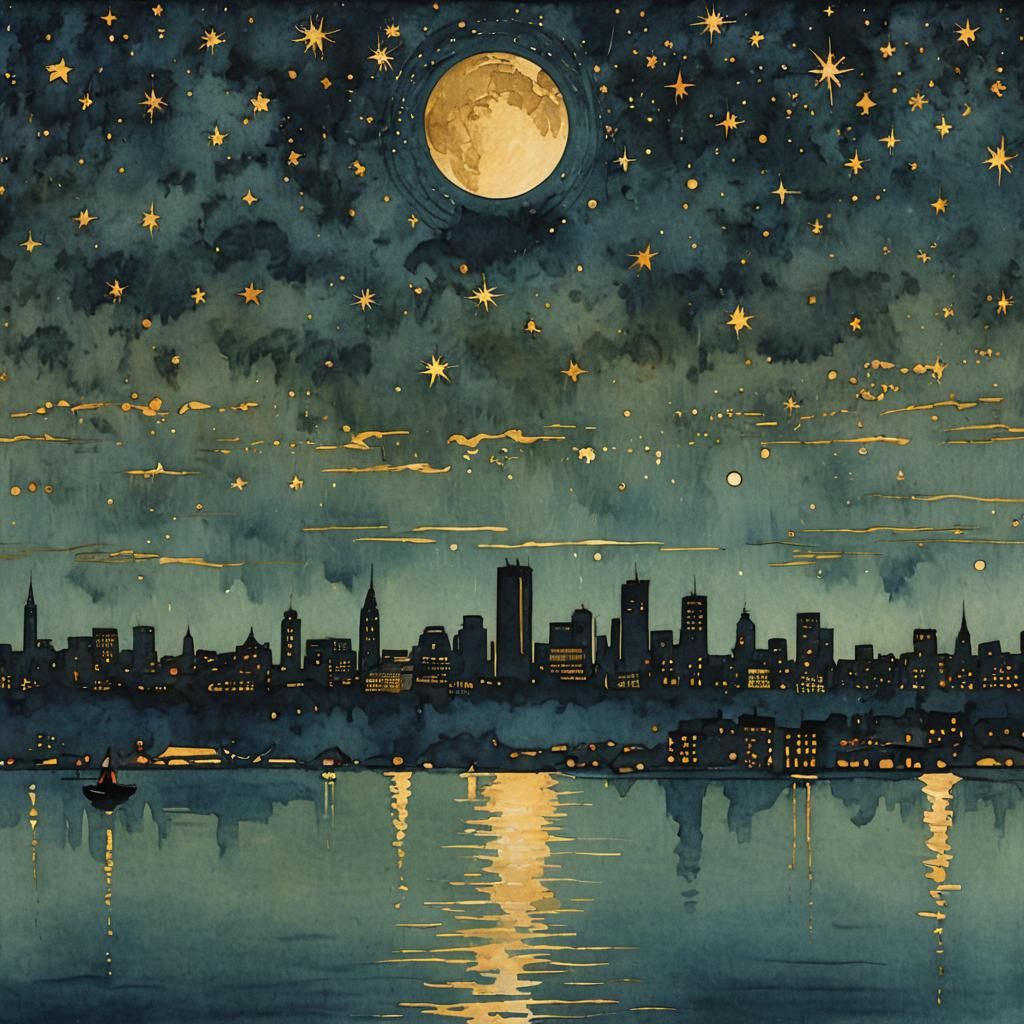 1900 Boston Skyline Watercolor Under Starry Night