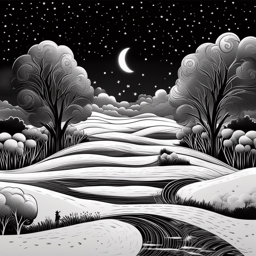 Monochrome Starry Sky Landscape Illustration