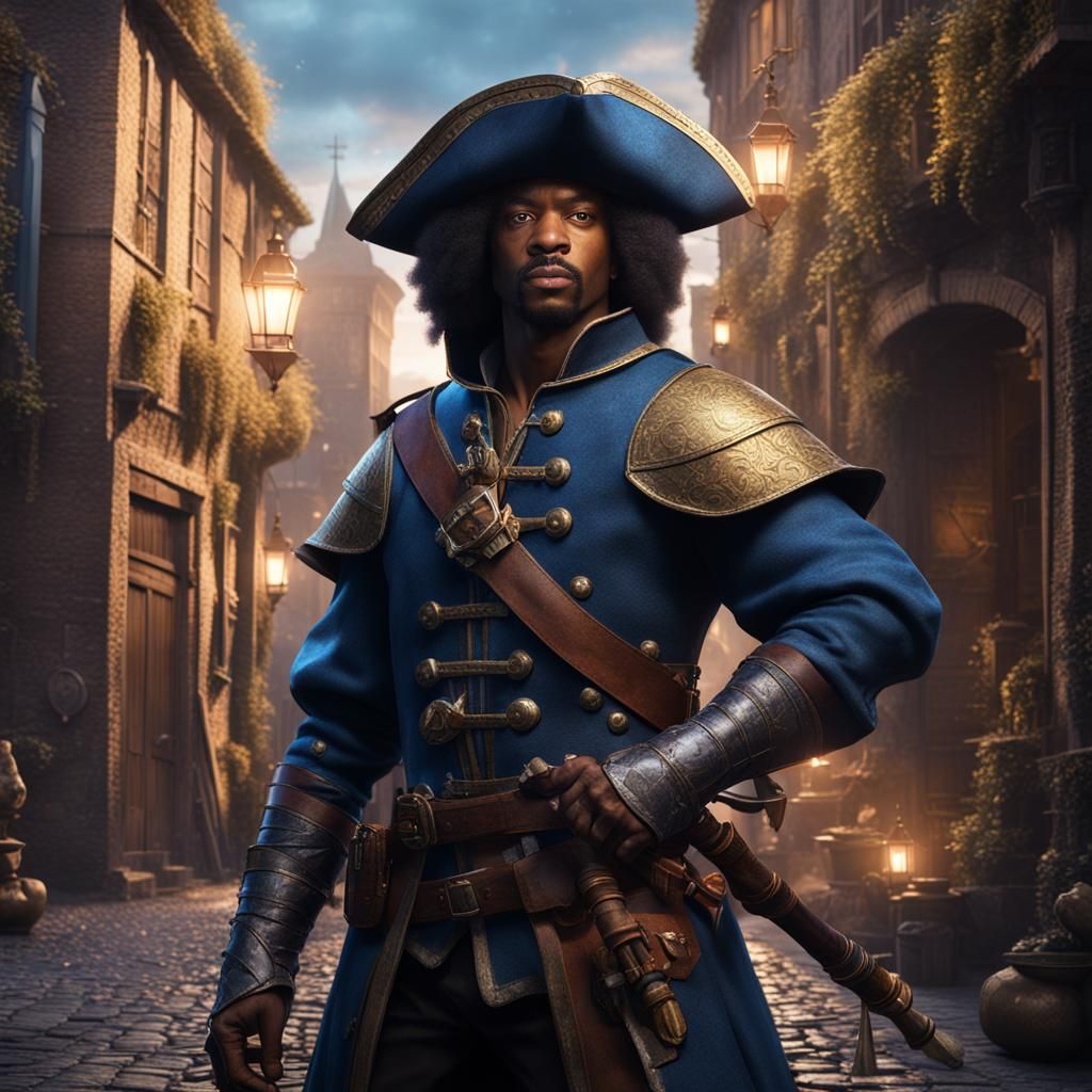 Afro-American Musketeer Portrait in Dark Medieval City