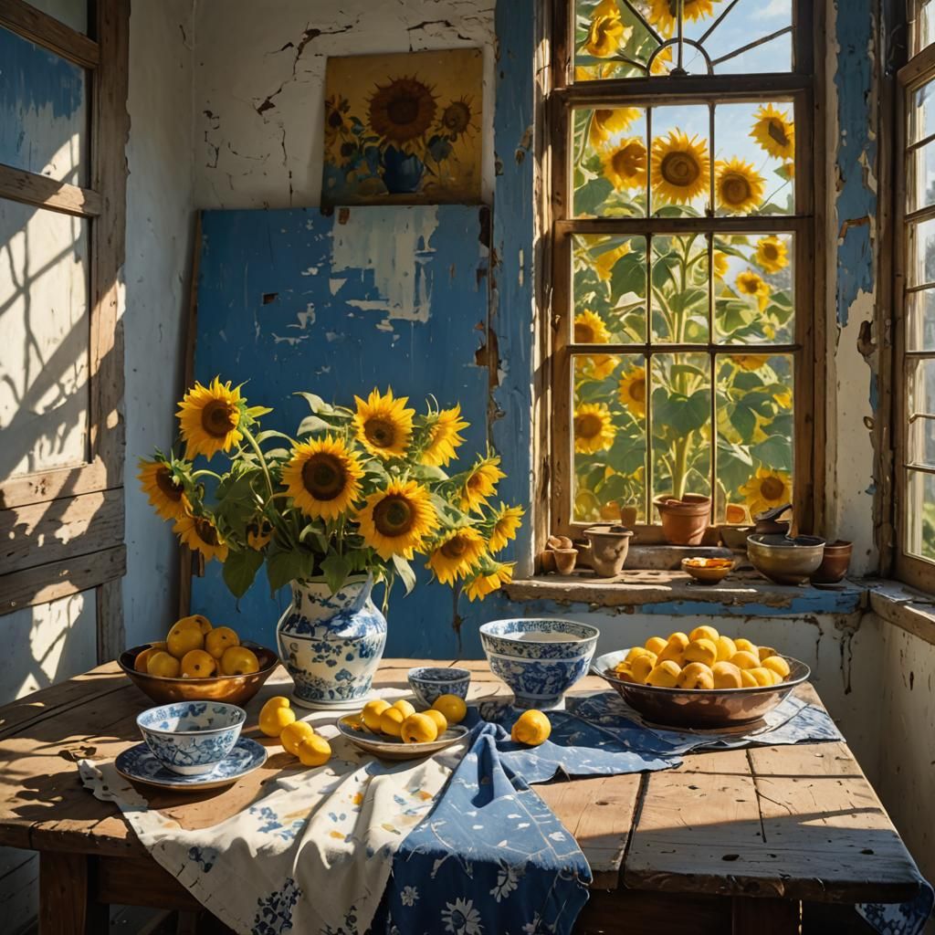 Sunflowers and Delftware Still Life, Magical Realism
