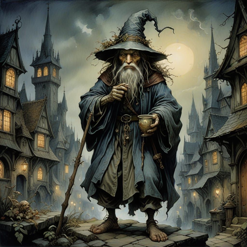 Majestic 19th-Century Beggar in Whimsical Style