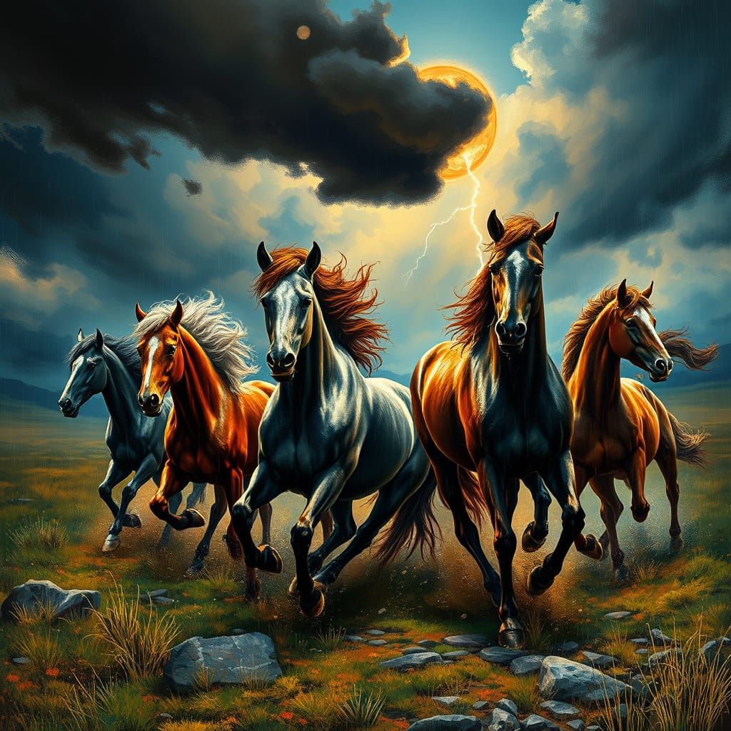 Wild Horses Galloping in a Stormy Landscape with Expressive ...