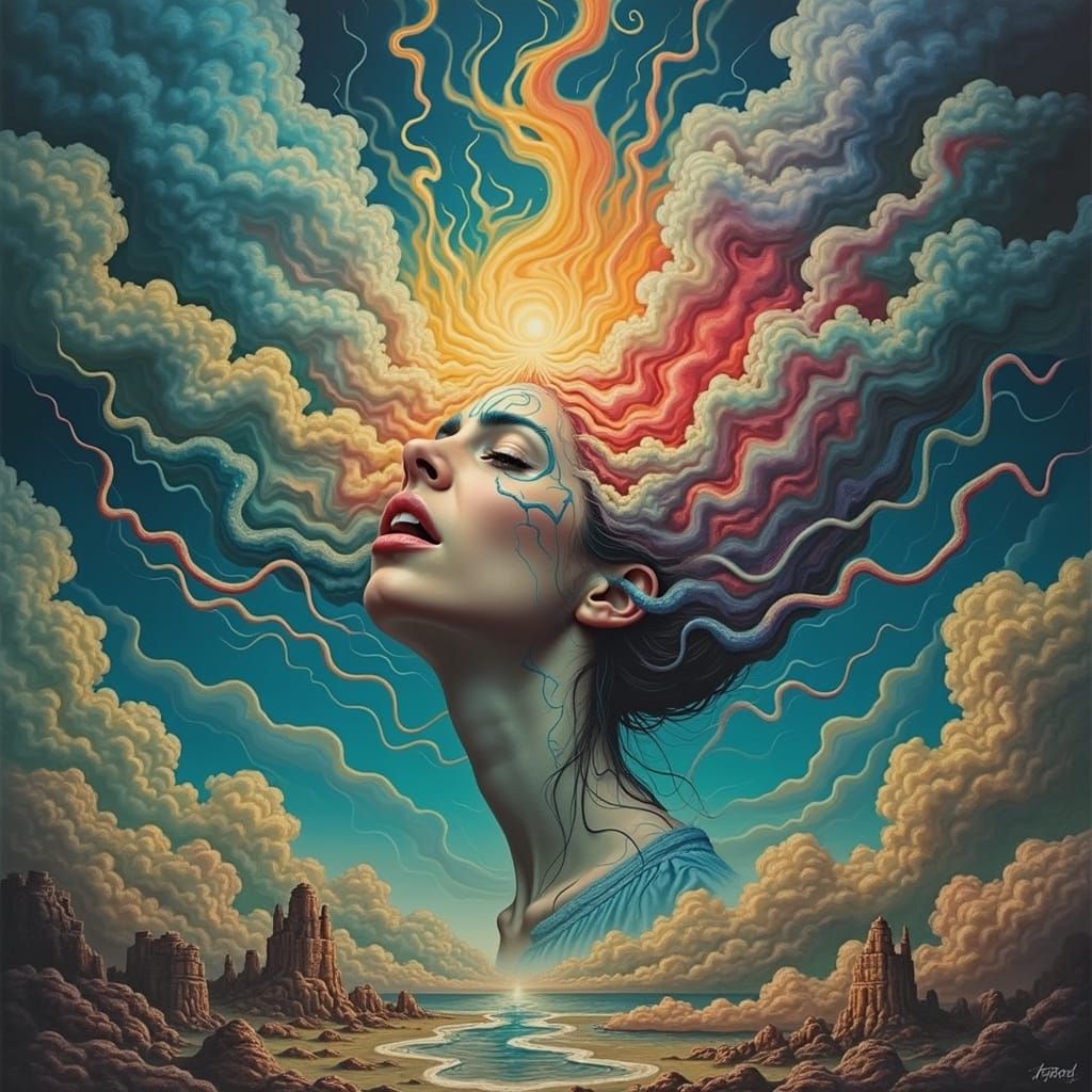 Surreal Woman Lost in a Whirlpool of Chaos and Color