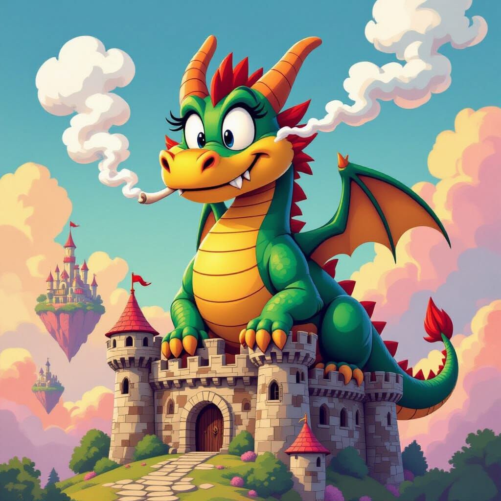Cartoon Dragon On Ancient Castle in Whimsical Landscape