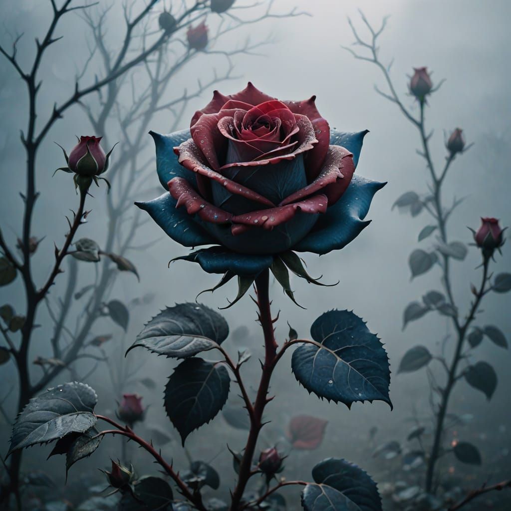 Blood Rose with Blue Vein Thorns in Ghostly Fog