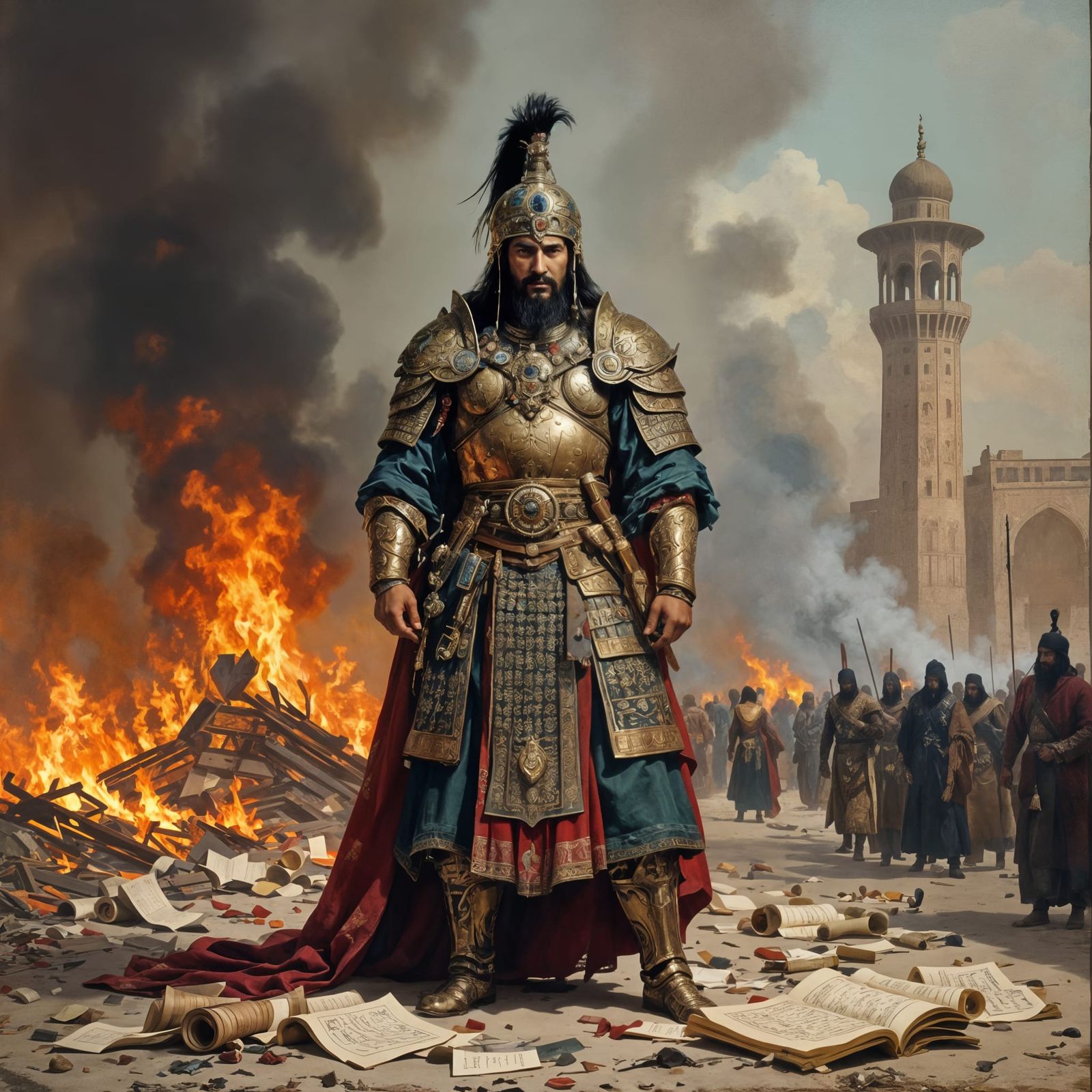Hulagu Khan Before Burning Library of Baghdad: Orientalist E...