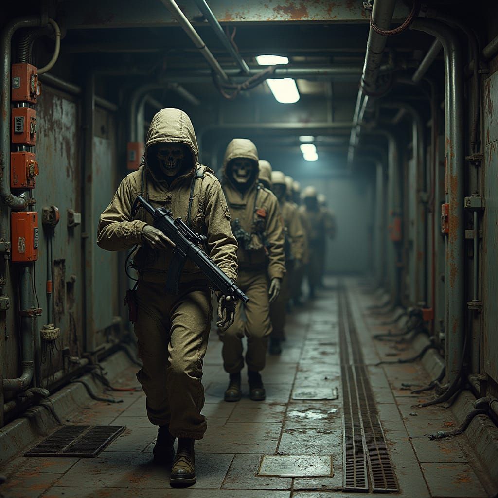 Hyper Realistic Dark Sci-Fi Tunnel with Skeletons and Blaste...