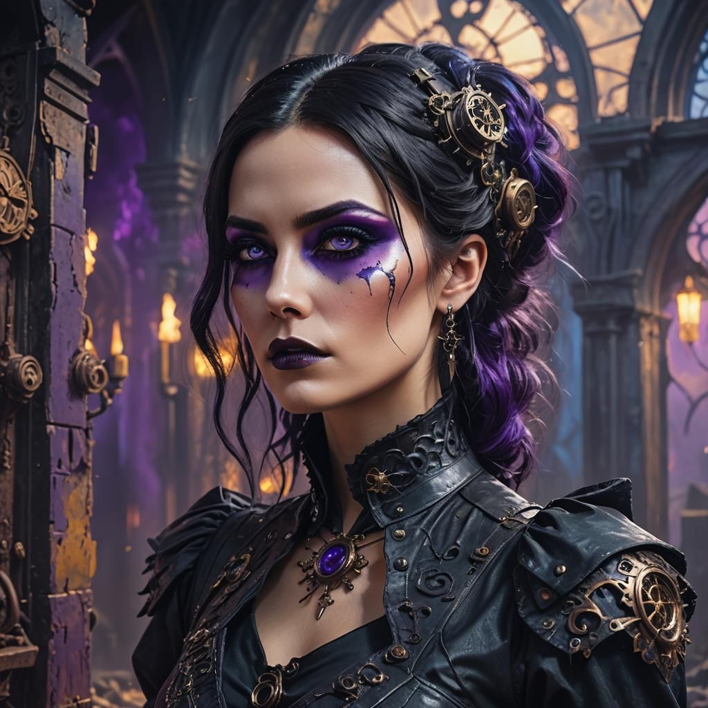 Gothic Woman in Steampunk Setting: Cinematic Digital Art