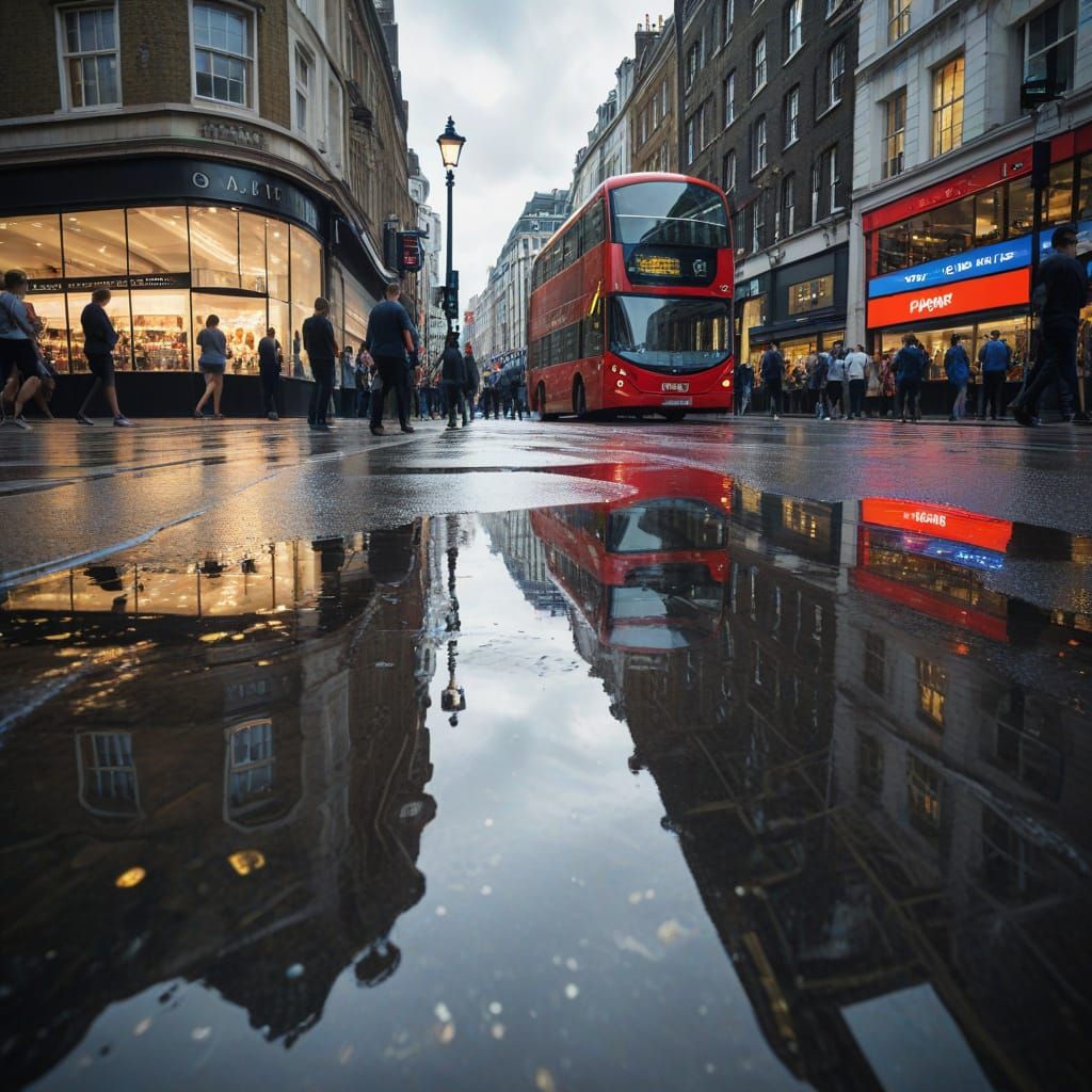 London Piccadilly Street Scene with Shimmering Reflections