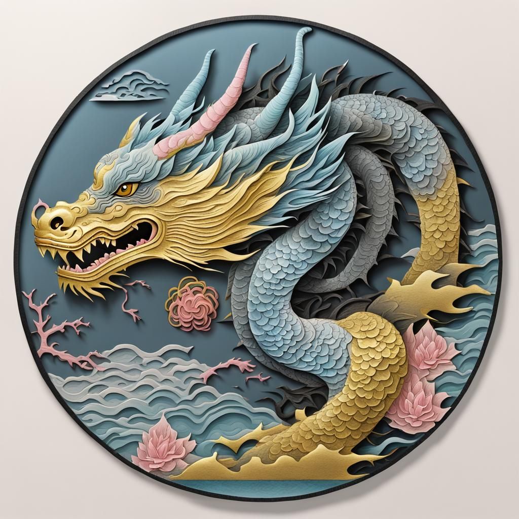 Dragon Woodblock Carving in Ukiyo-e Style