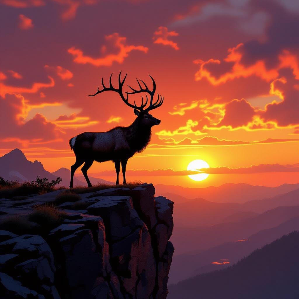 Majestic Stag Silhouetted Against Fiery Sunset