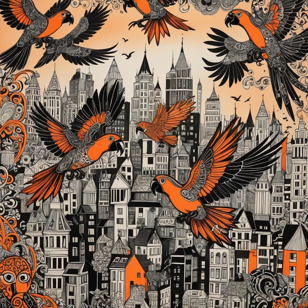 Nice  Parrots flying above the city