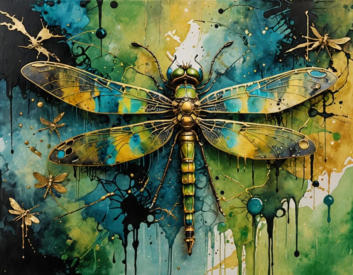 Steampunk Dragonfly on Far East Map in Watercolor