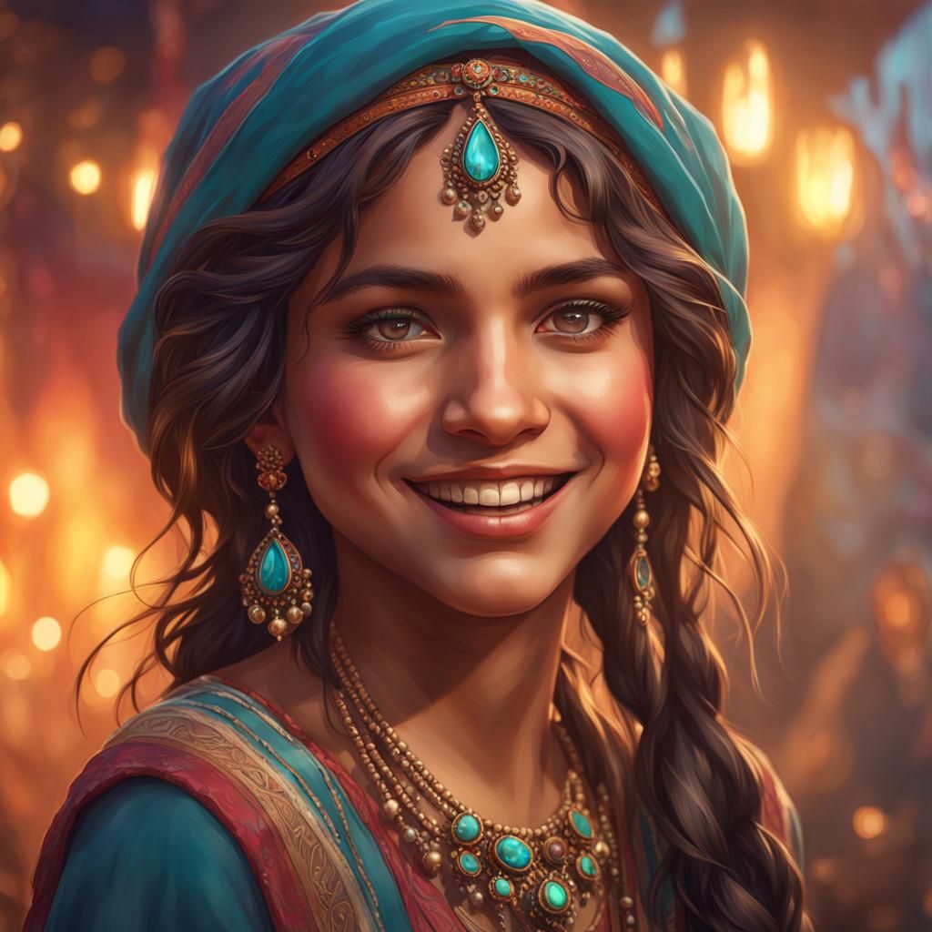 Smiling Gypsy Girl Portrait in Art Nouveau Style