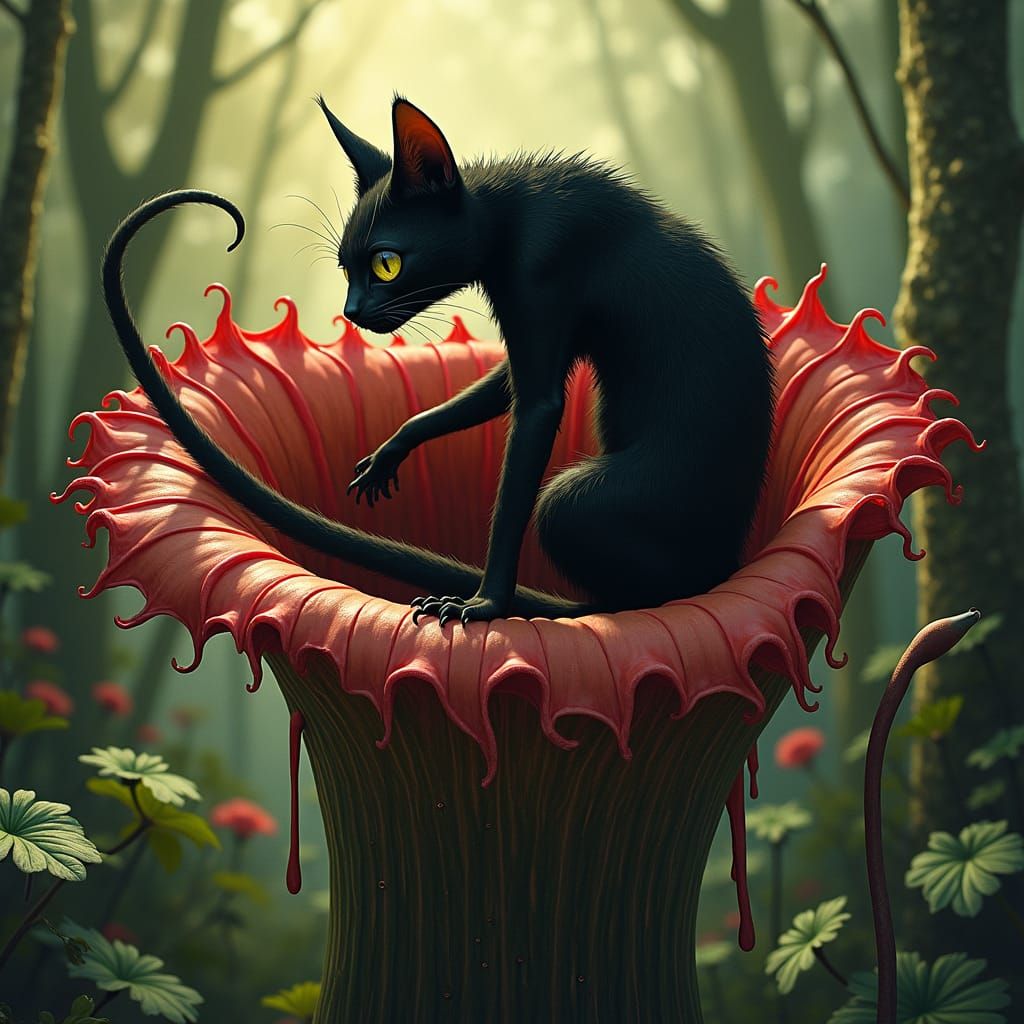 Black Cat Emerges from Carnivorous Plant