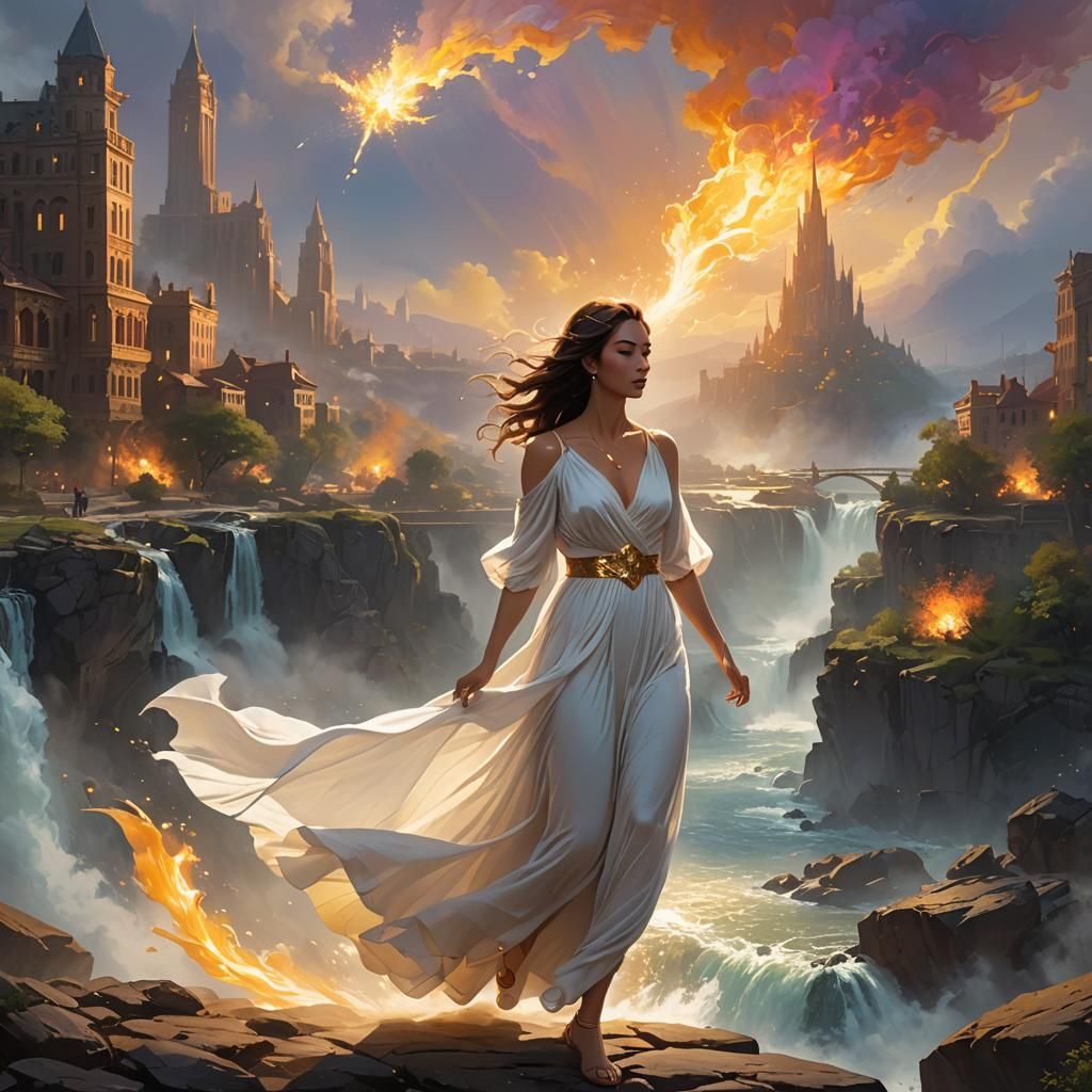 Woman Escaping Cityscape with Will-o'-the-Wisp, Art Nouveau ...