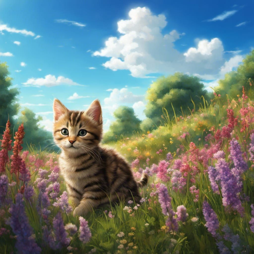 Tabby Kitten in Wildflowers, Anime Style