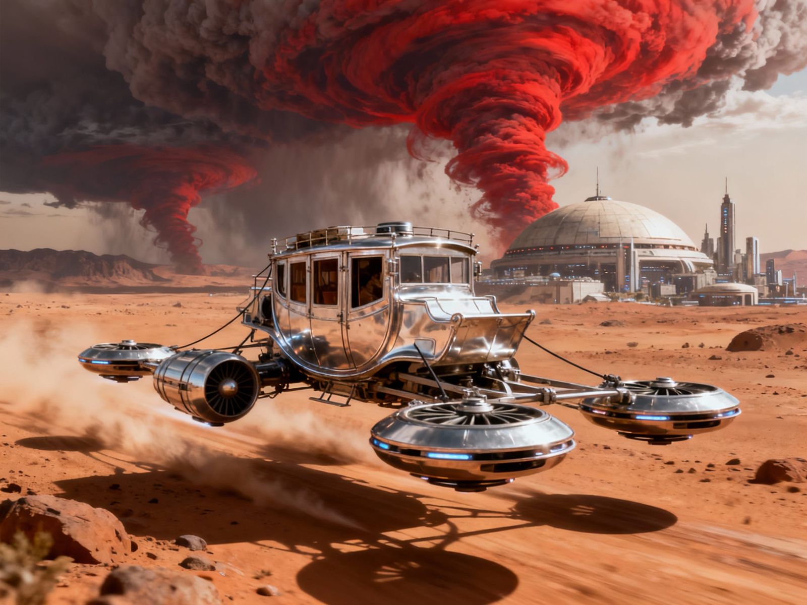 Martian Stagecoach Speeds Towards Domed City Under Storm