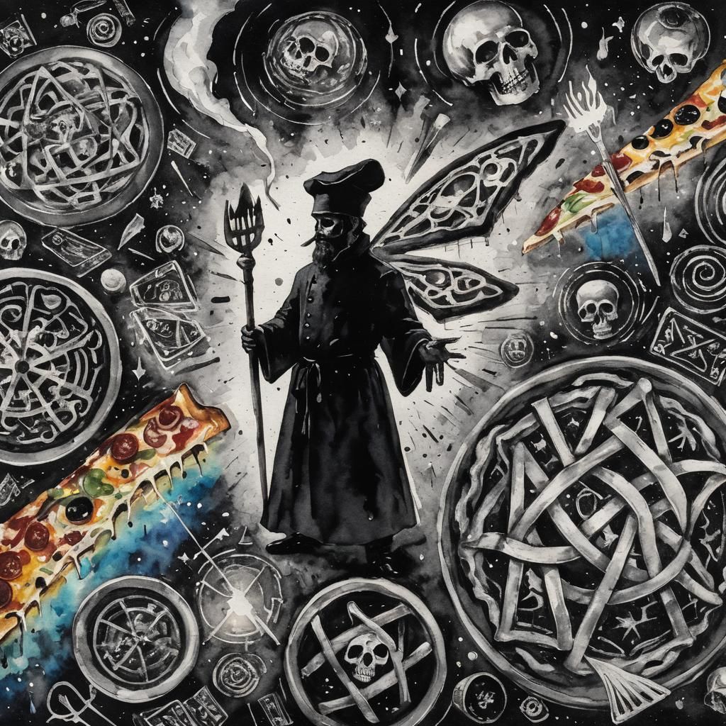 Cubist Pizza Chef with Death in Surreal Art Deco Style